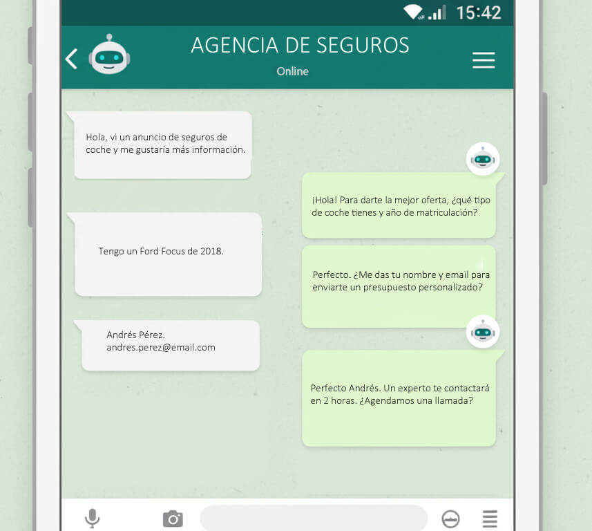 Bot WhatsApp para captación de leads con IA en agencia de seguros - Asistente virtual demostrando cualificación automática de leads, agendar citas automático, integración CRM, generación de leads cualificados 24/7 y automatización comercial para aumentar ventas sin esfuerzo