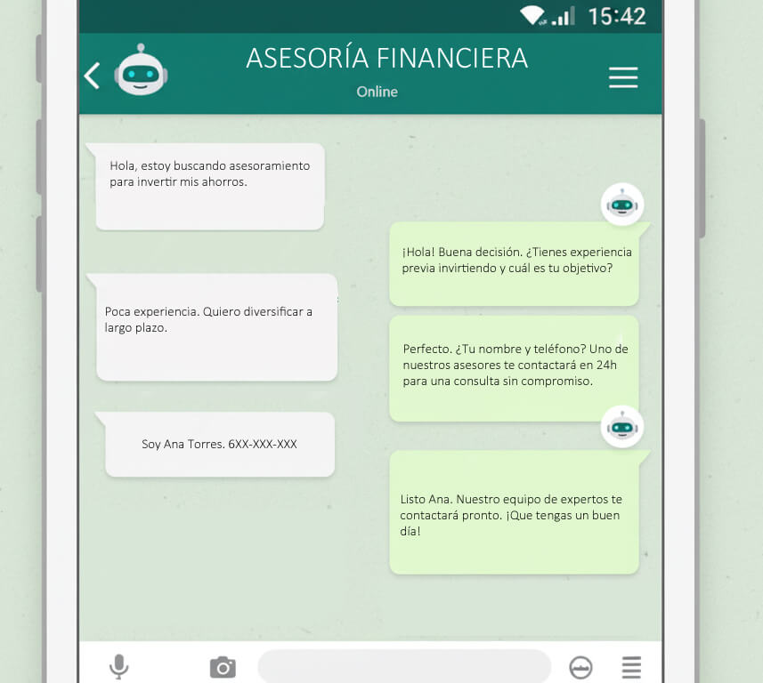 Chat de asistente virtual para captar leads por WhatsApp con inteligencia artificial - Ejemplo de cualificación automática de leads en tiempo real para asesoría financiera con integración CRM y agenda de citas automática